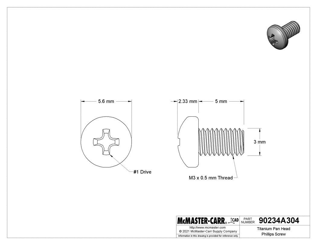 Technical Drawing of Titanium Pan Head Phillips Screw, M3 x 0.50 mm Thread, 5mm Long.